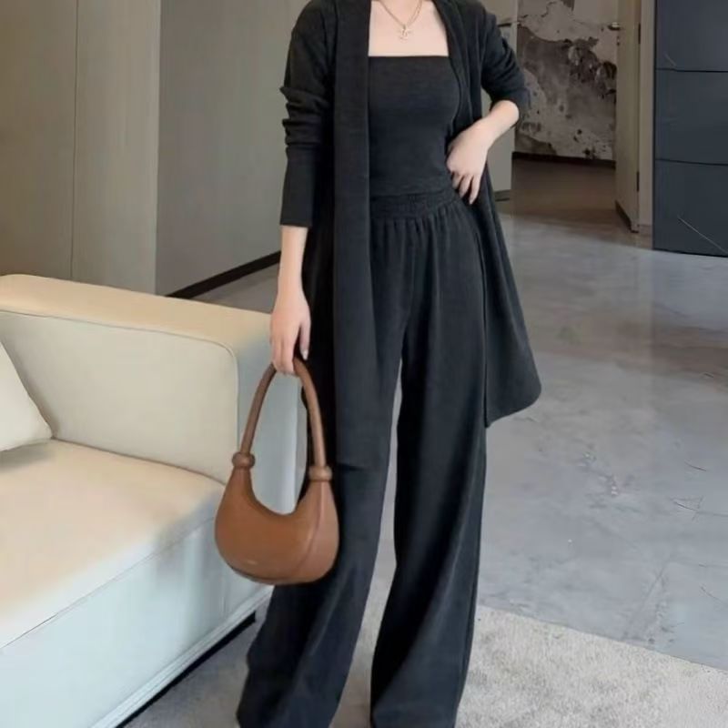 Set: Plain Open Front Cardigan + Tube Top + High Waist Wide Leg Pants