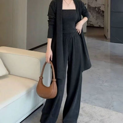 Set: Plain Open Front Cardigan + Tube Top + High Waist Wide Leg Pants