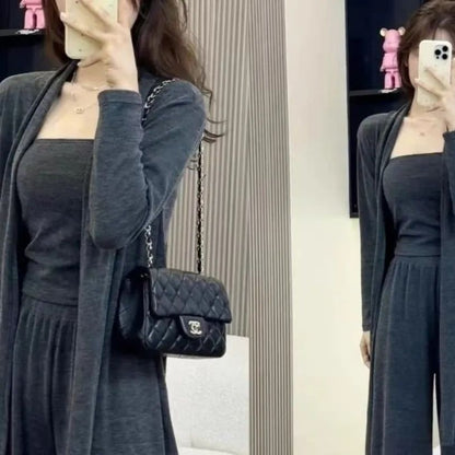 Set: Plain Open Front Cardigan + Tube Top + High Waist Wide Leg Pants