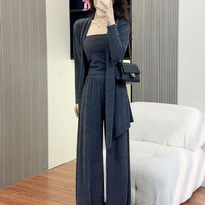 Set: Plain Open Front Cardigan + Tube Top + High Waist Wide Leg Pants