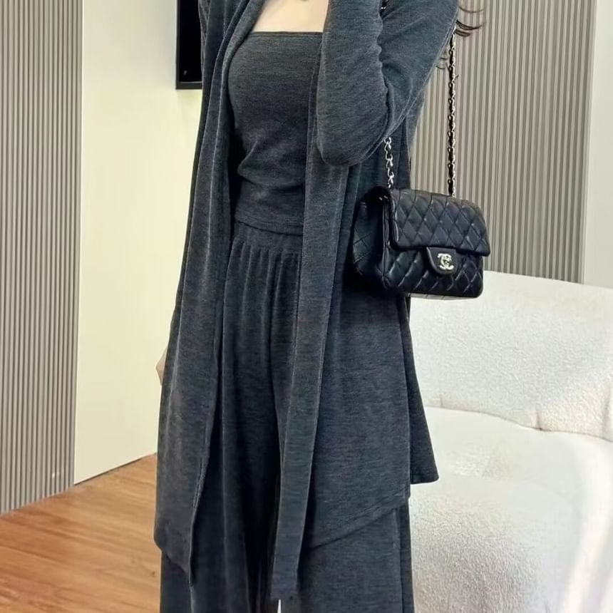 Set: Plain Open Front Cardigan + Tube Top + High Waist Wide Leg Pants