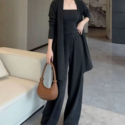 Set: Plain Open Front Cardigan + Tube Top + High Waist Wide Leg Pants