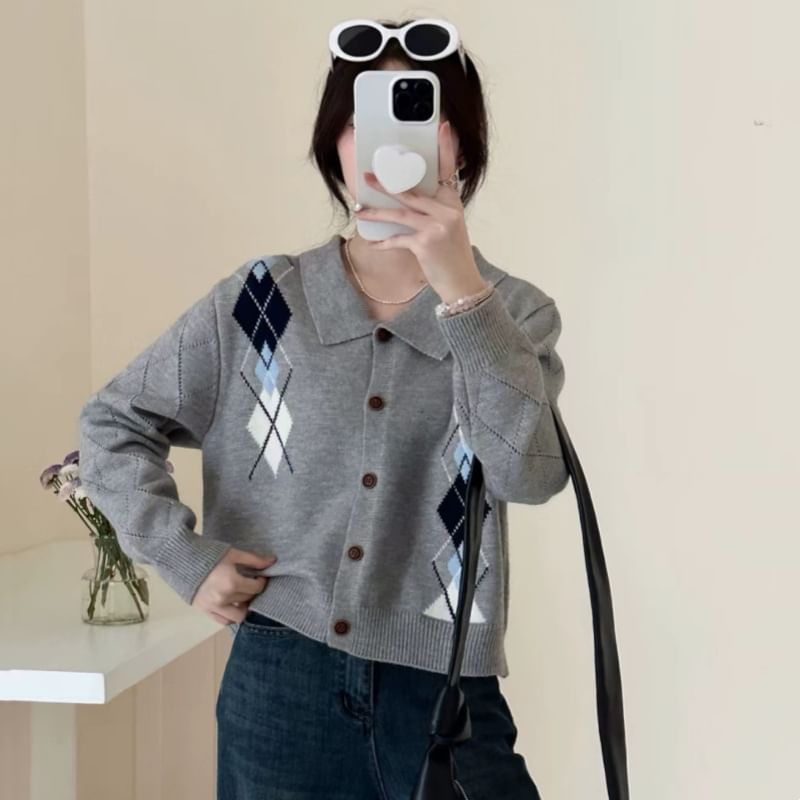 Collared Argyle Button Up Cardigan