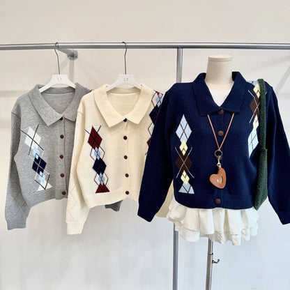 Collared Argyle Button Up Cardigan