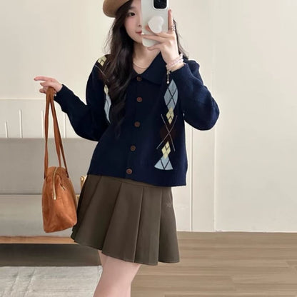 Collared Argyle Button Up Cardigan