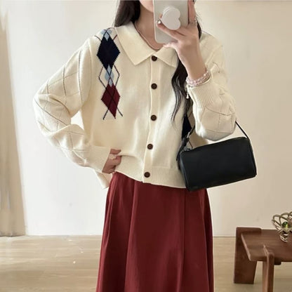 Collared Argyle Button Up Cardigan