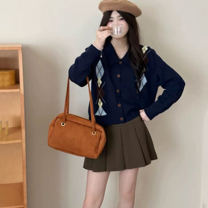 Collared Argyle Button Up Cardigan