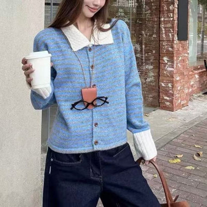 Collared Striped Button Up Cardigan