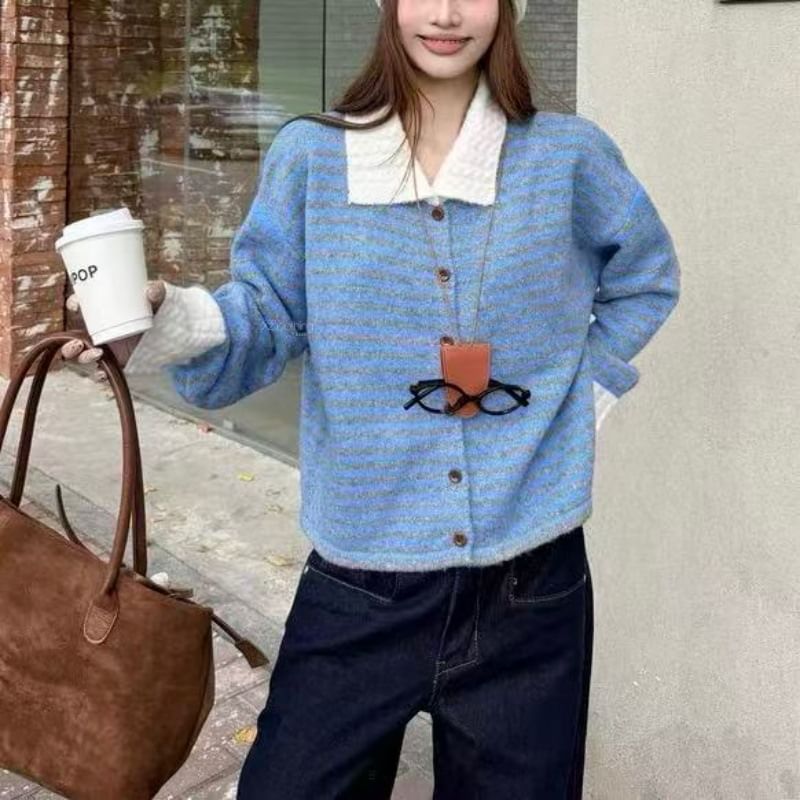 Collared Striped Button Up Cardigan