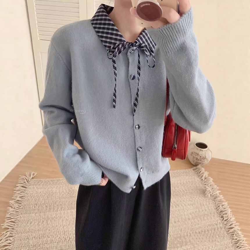 Collared Plaid Panel Button Up Cardigan