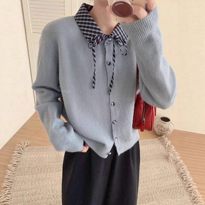 Collared Plaid Panel Button Up Cardigan