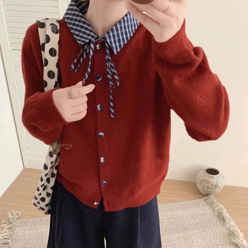 Collared Plaid Panel Button Up Cardigan