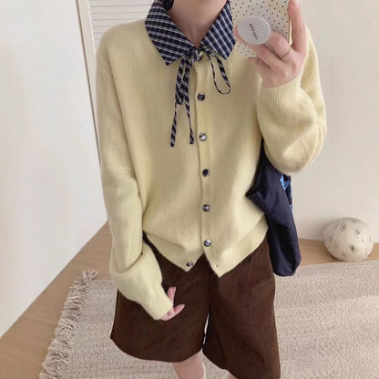 Collared Plaid Panel Button Up Cardigan