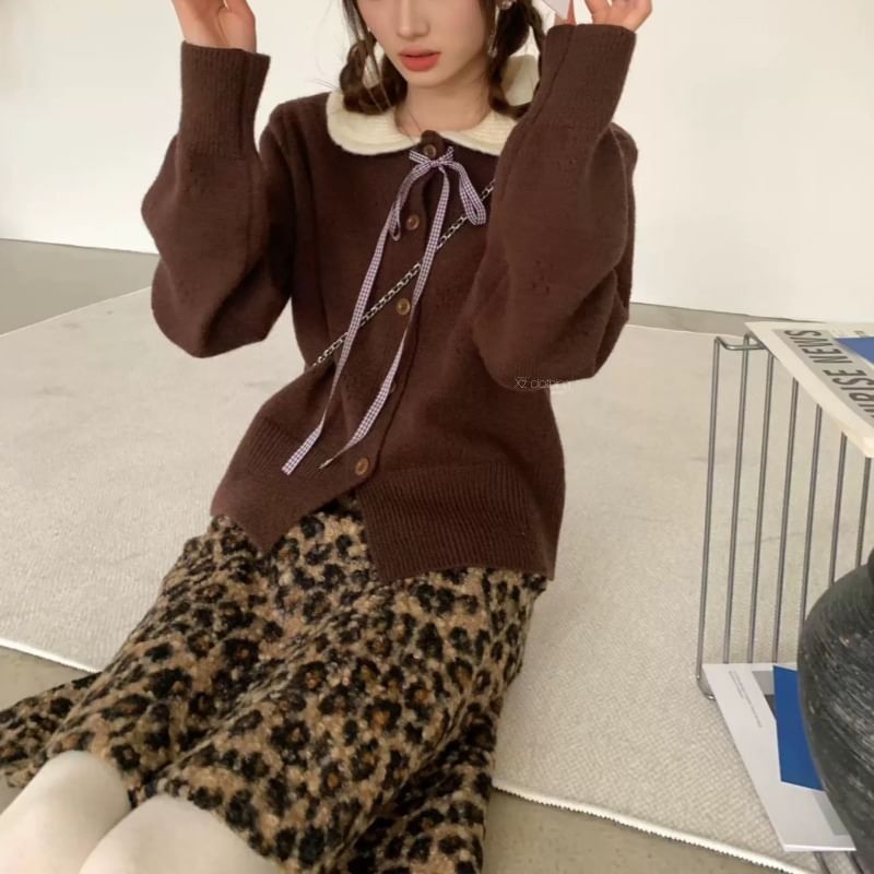 Peter Pan Collar Two Tone Plain Button Up Cardigan