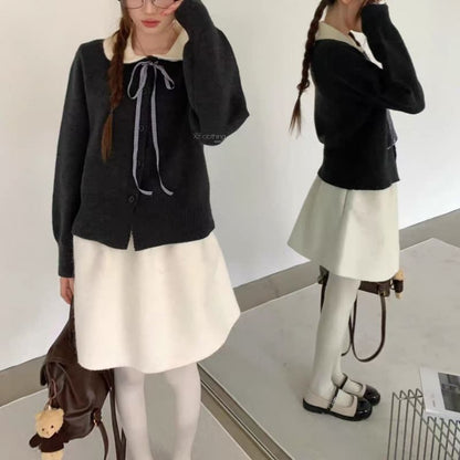Peter Pan Collar Two Tone Plain Button Up Cardigan