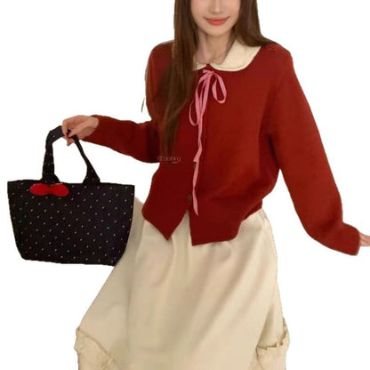 Peter Pan Collar Two Tone Plain Button Up Cardigan