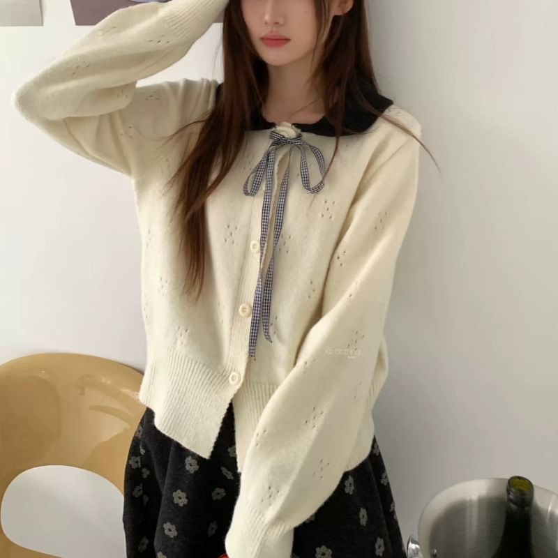 Peter Pan Collar Two Tone Plain Button Up Cardigan