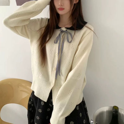 Peter Pan Collar Two Tone Plain Button Up Cardigan