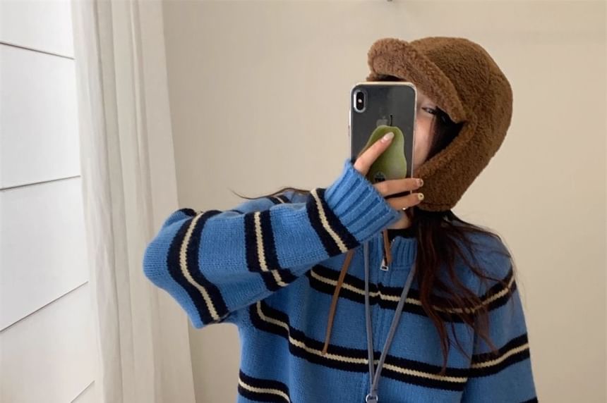 Round Neck Striped Zip Cardigan
