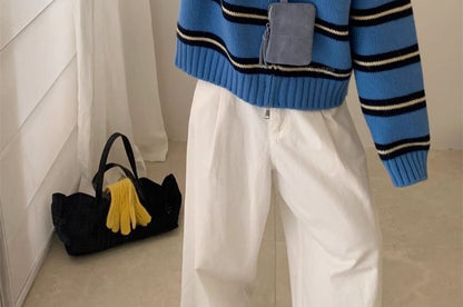 Round Neck Striped Zip Cardigan