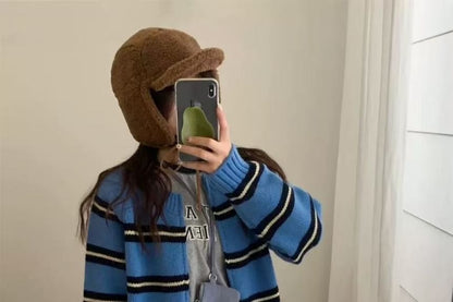 Round Neck Striped Zip Cardigan