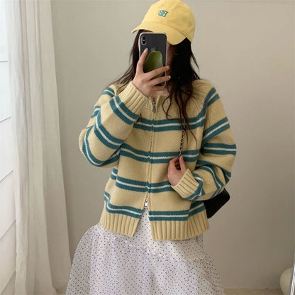 Round Neck Striped Zip Cardigan