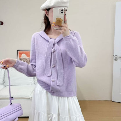Sailor Collar Plain Toggle Button Cardigan