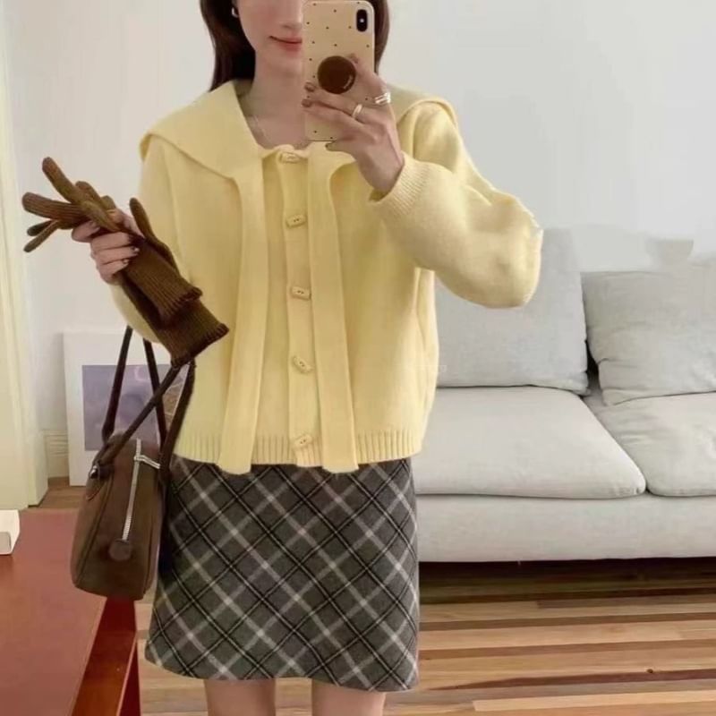Sailor Collar Plain Toggle Button Cardigan
