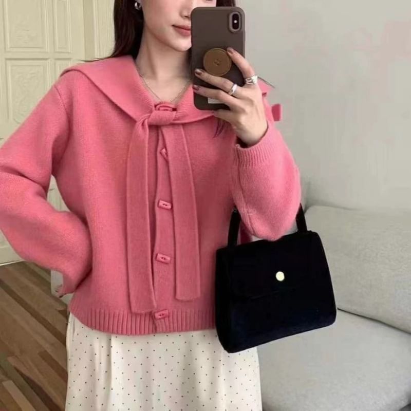 Sailor Collar Plain Toggle Button Cardigan