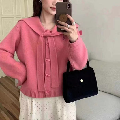 Sailor Collar Plain Toggle Button Cardigan