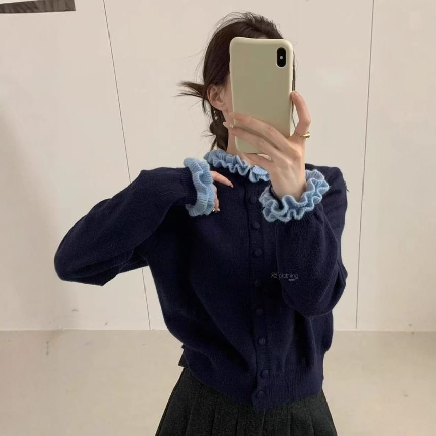 Stand Collar Ruffle Trim Button Up Cardigan