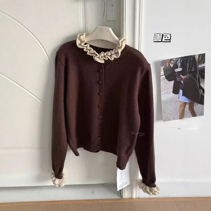 Stand Collar Ruffle Trim Button Up Cardigan