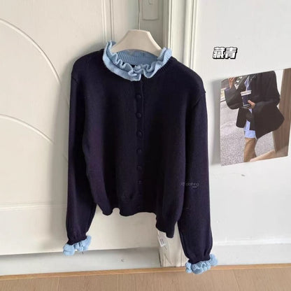 Stand Collar Ruffle Trim Button Up Cardigan
