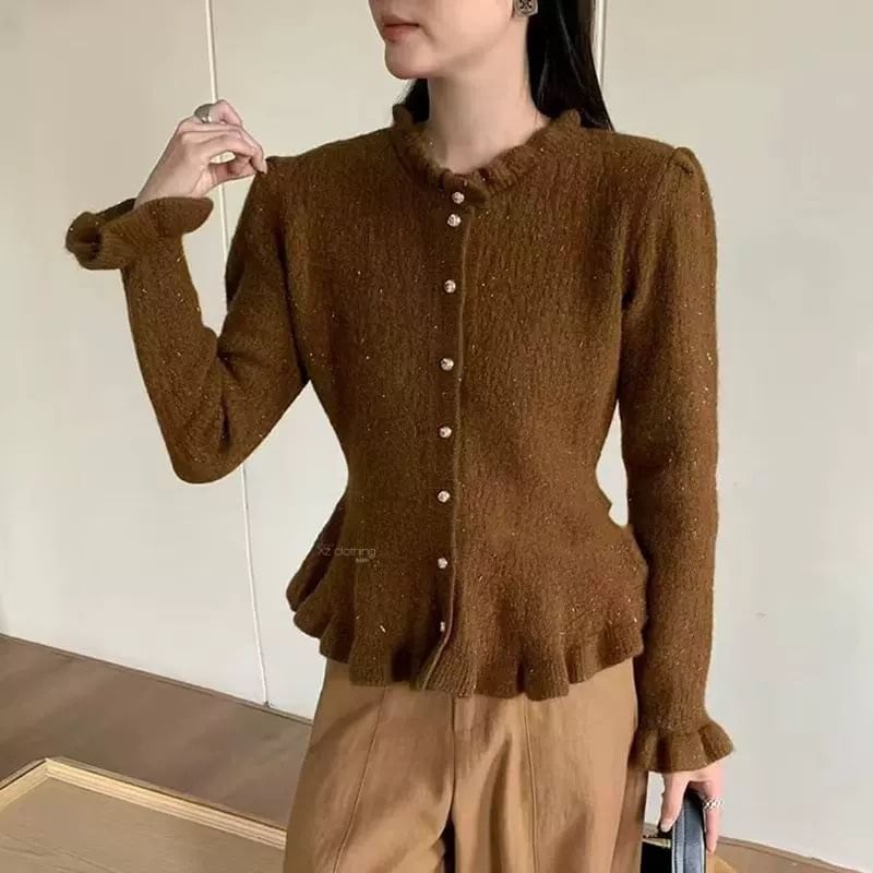 Stand Collar Plain Cropped Button Up Cardigan