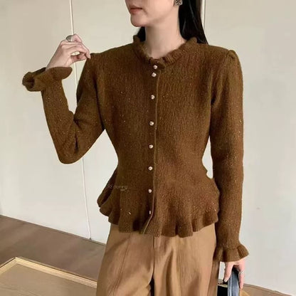 Stand Collar Plain Cropped Button Up Cardigan