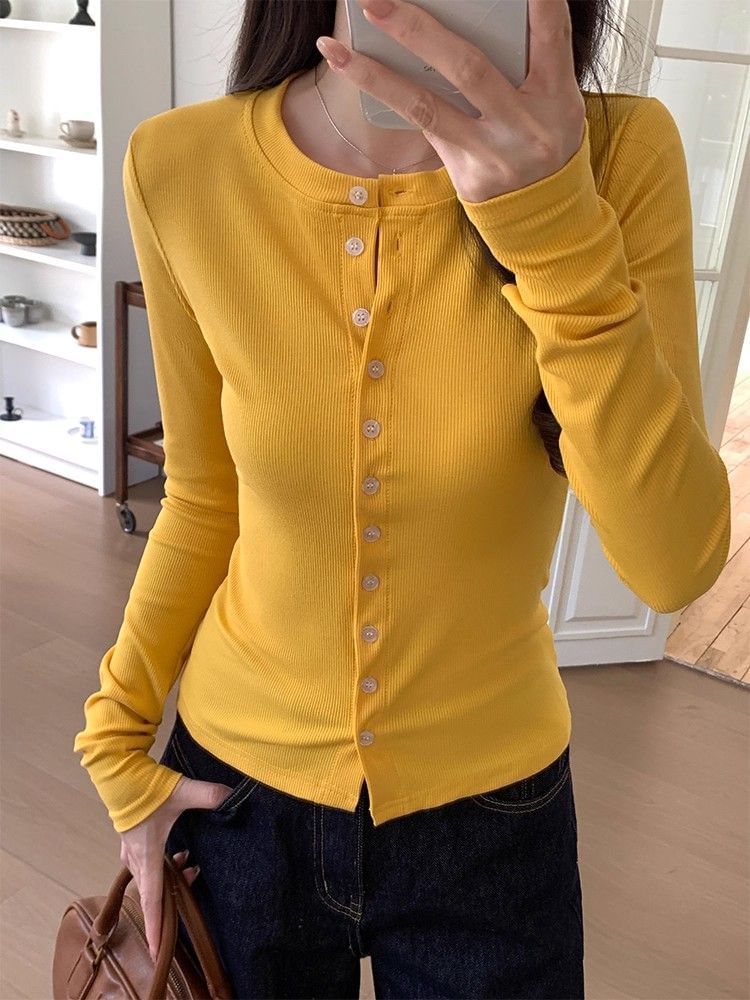 Crewneck Button-Up Plain Cardigan