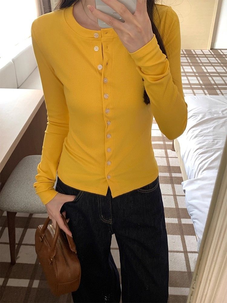 Crewneck Button-Up Plain Cardigan