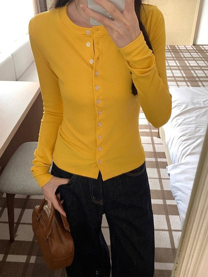 Crewneck Button-Up Plain Cardigan