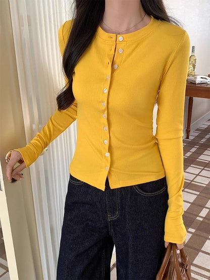 Crewneck Button-Up Plain Cardigan