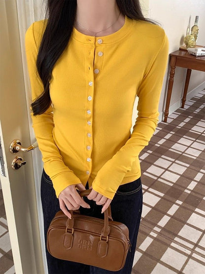 Crewneck Button-Up Plain Cardigan