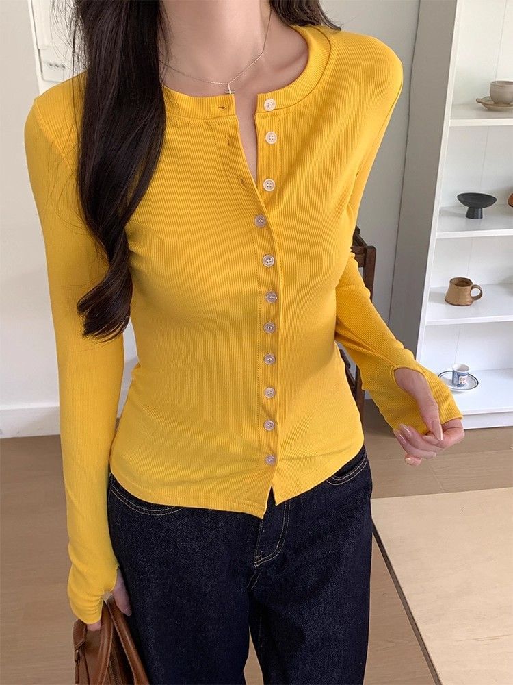 Crewneck Button-Up Plain Cardigan