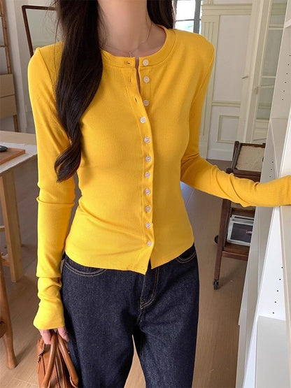 Crewneck Button-Up Plain Cardigan