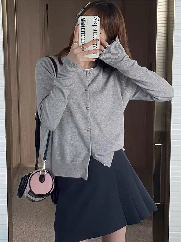 Crewneck Button-Up Plain Cardigan