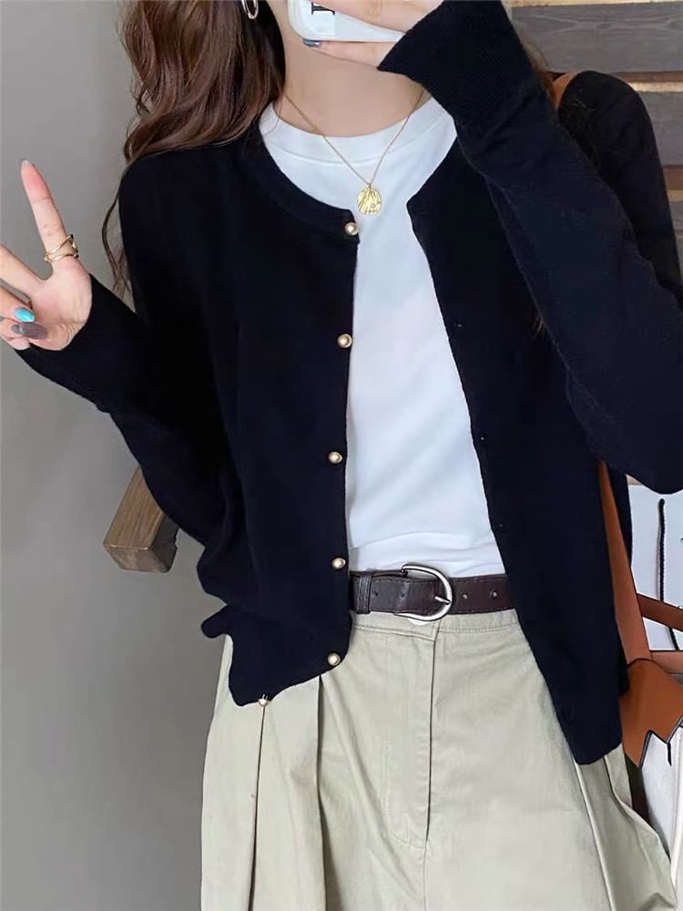 Crewneck Button-Up Plain Cardigan