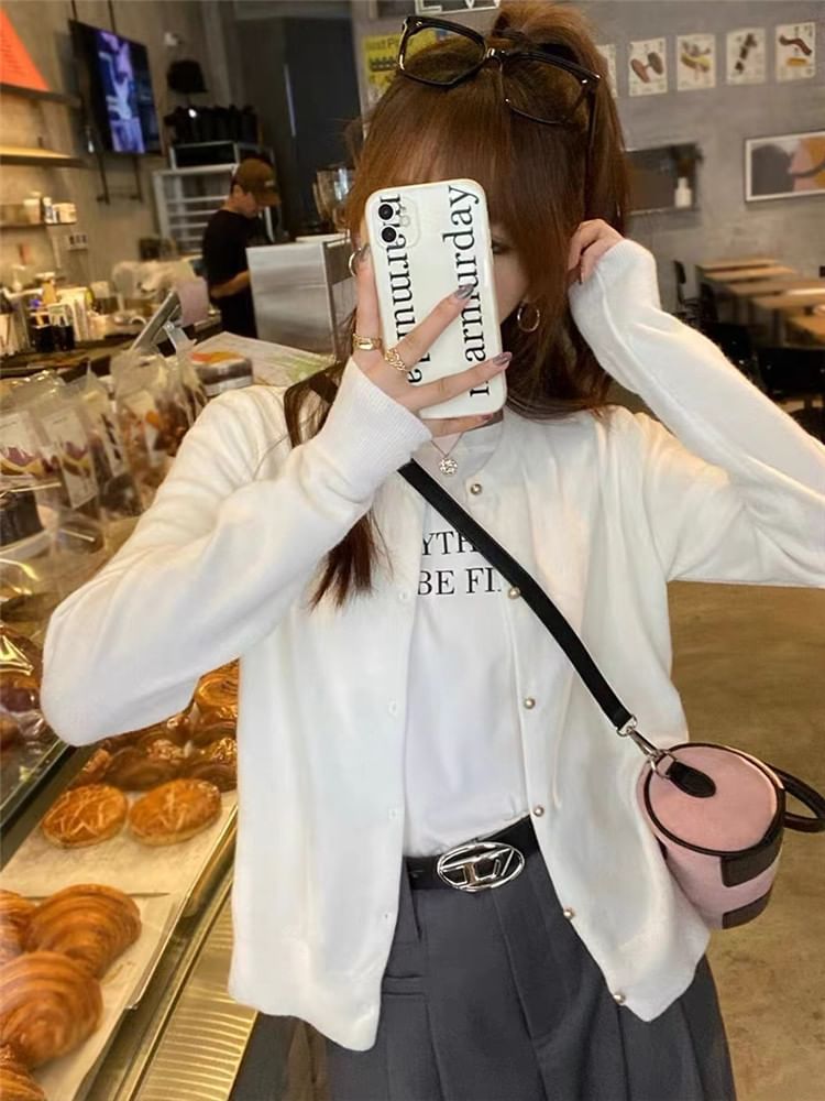 Crewneck Button-Up Plain Cardigan