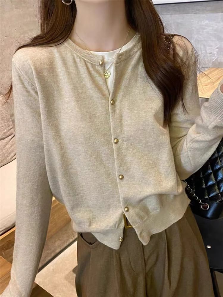 Crewneck Button-Up Plain Cardigan