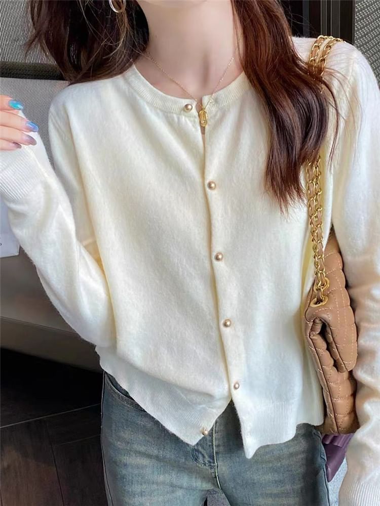 Crewneck Button-Up Plain Cardigan