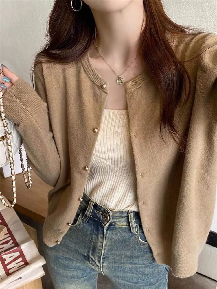 Crewneck Button-Up Plain Cardigan