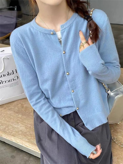 Crewneck Button-Up Plain Cardigan