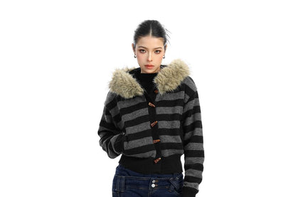Faux Fur Trim Striped Toggle Cardigan
